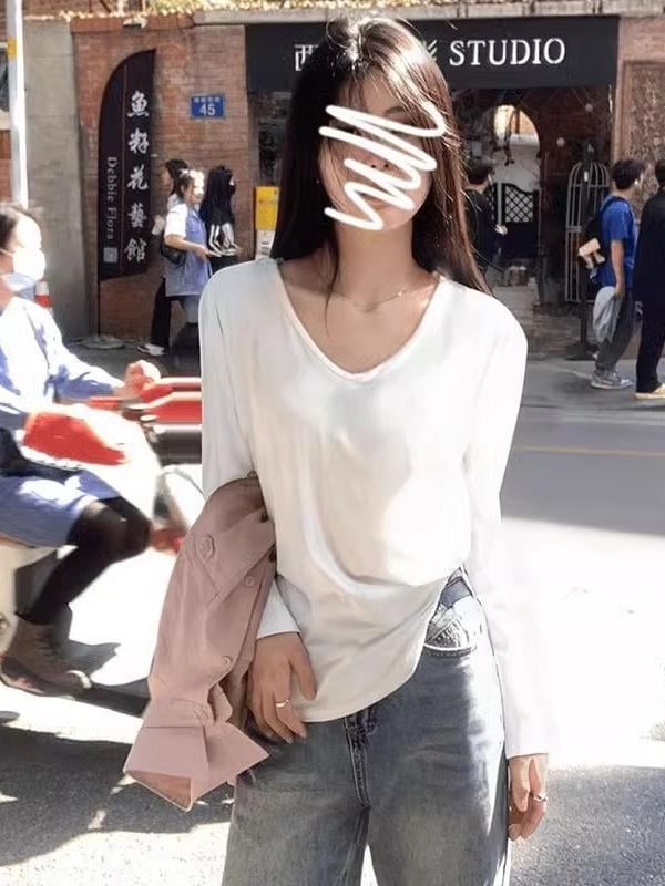 Γυναικείο T-shirt με V-λαιμό, μακριά μανίκια, σε χαλαρή γραμμή, βασικό εσωτερικό τοπ