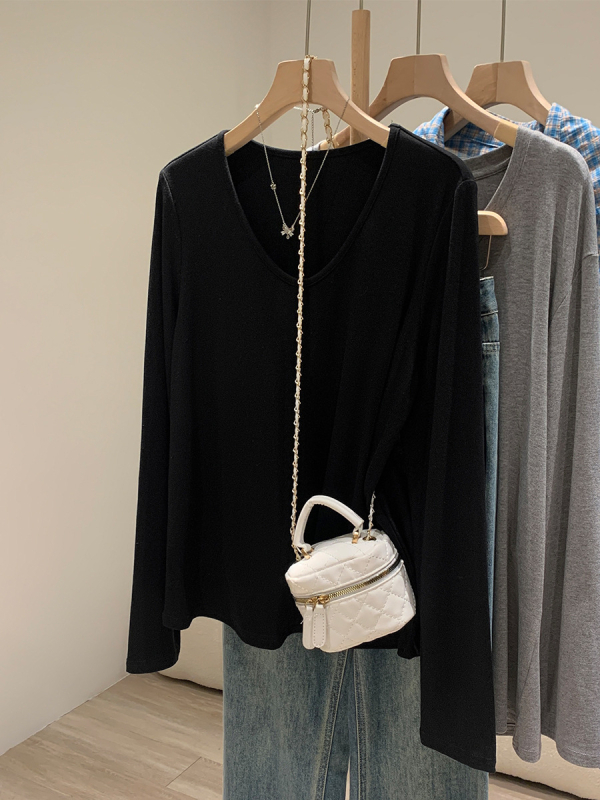 Γυναικείο T-shirt με V-λαιμό, μακριά μανίκια, σε χαλαρή γραμμή, βασικό εσωτερικό τοπ