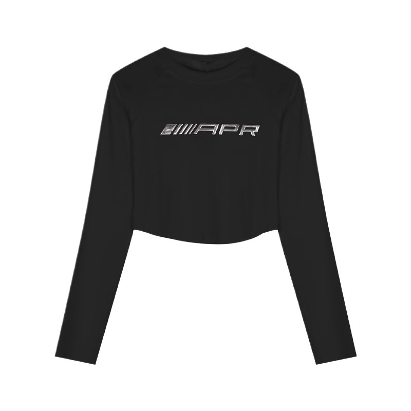 Слим-фит полиестер тениска с кръгла яка, дълги ръкави, принт