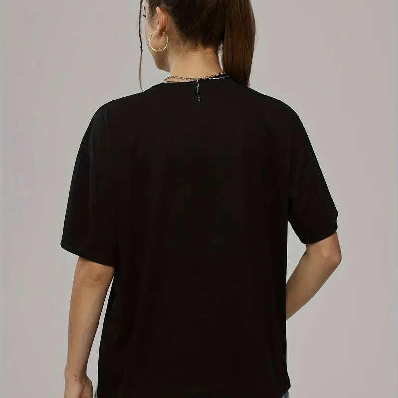 Памучна тениска с 3D принт, свободна кройка, кръгла яка, къси ръкави, средна дължина, антигладене, градски стил, 95%+ памук