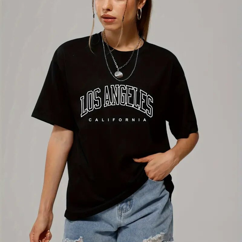 Памучна тениска с 3D принт, свободна кройка, кръгла яка, къси ръкави, средна дължина, антигладене, градски стил, 95%+ памук