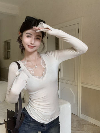 Тениска с V-образно деколте, дълги ръкави, тясна кройка, смес от рейон и спандекс, модел: едноцветна с панели