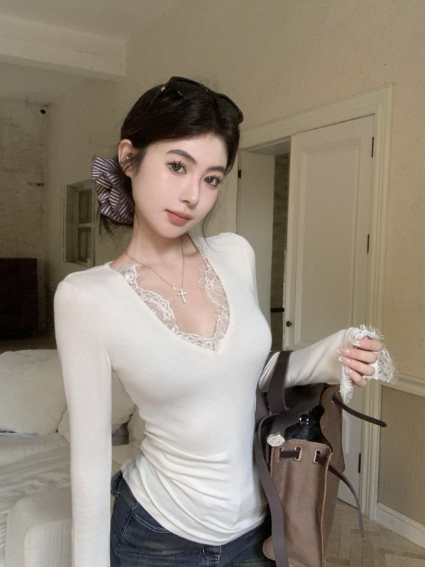 Тениска с V-образно деколте, дълги ръкави, тясна кройка, смес от рейон и спандекс, модел: едноцветна с панели