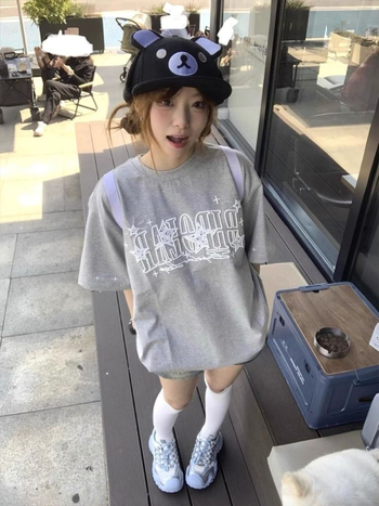 Памучна тениска с аниме принт, свободен модел, корейски стил, кръгла яка