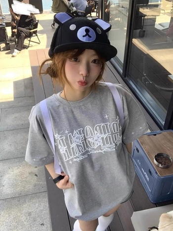 Памучна тениска с аниме принт, свободен модел, корейски стил, кръгла яка