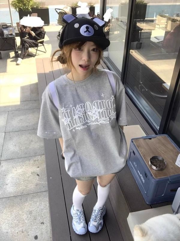 Памучна тениска с аниме принт, свободен модел, корейски стил, кръгла яка