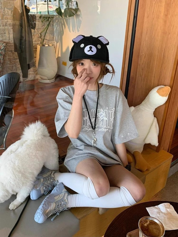 Памучна тениска с аниме принт, свободен модел, корейски стил, кръгла яка