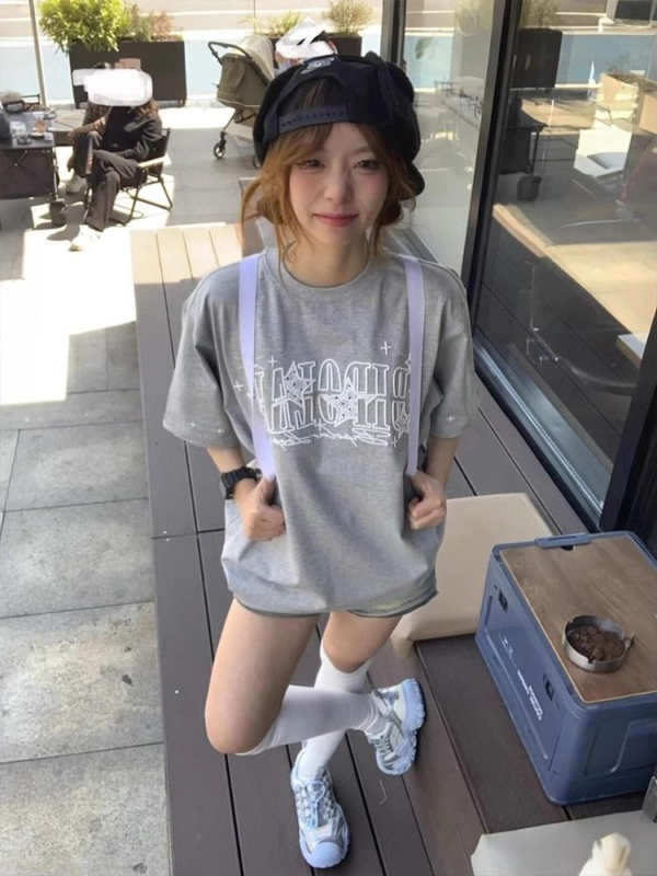 Памучна тениска с аниме принт, свободен модел, корейски стил, кръгла яка