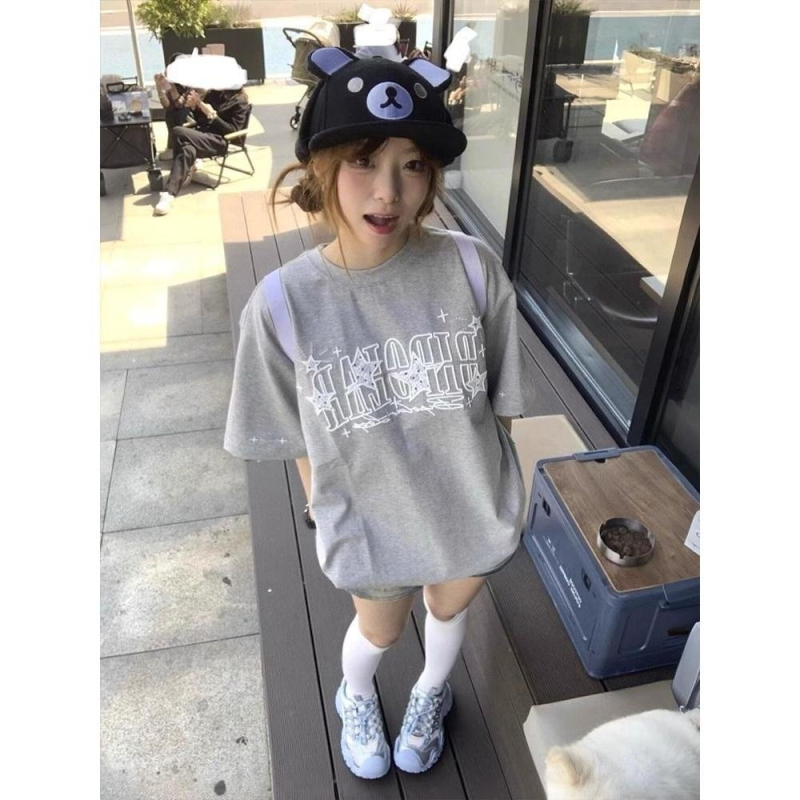 Памучна тениска с аниме принт, свободен модел, корейски стил, кръгла яка