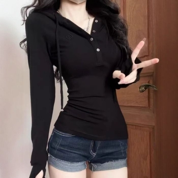 Тениска с дълги ръкави, памук, геометричен принт, V-образно деколте с копчета, тесен силует