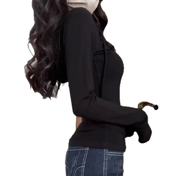 Тениска с дълги ръкави, памук, геометричен принт, V-образно деколте с копчета, тесен силует