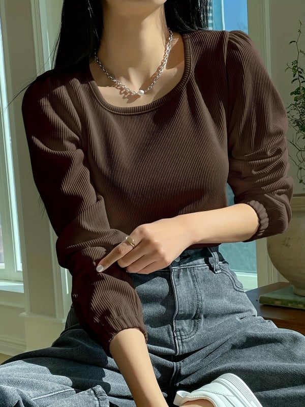 Дамска Т-шърт с дълъг ръкав, квадратно деколте, балонени ръкави — 95%+ полиестер, боядисано на прежда, еднотонна, редовна дължина, есен 2024