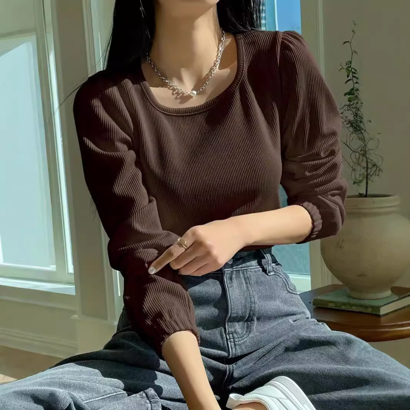 Дамска Т-шърт с дълъг ръкав, квадратно деколте, балонени ръкави — 95%+ полиестер, боядисано на прежда, еднотонна, редовна дължина, есен 2024