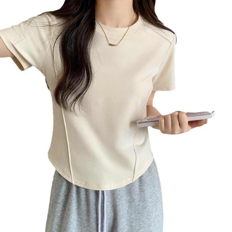 Тениска с кръгло деколте, къс ръкав, свободен силует, вискоза, без нужда от гладене, къс модел (дължина 40–50 см), лято 2025