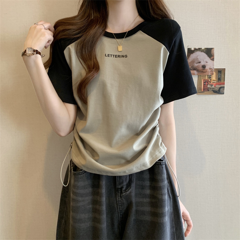 Ženski ljetni T-shirt kratkih rukava s tiskom slova, okrugli izrez, kontrastno rame s vezicom, Ice Thread poliester-elastan