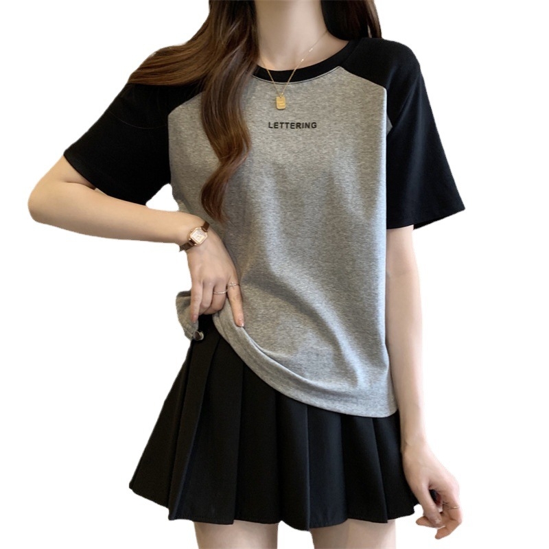 Ženski ljetni T-shirt kratkih rukava s tiskom slova, okrugli izrez, kontrastno rame s vezicom, Ice Thread poliester-elastan