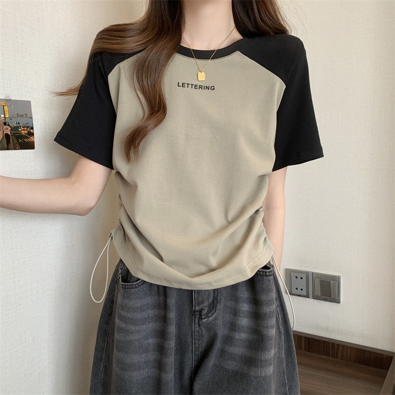 Ženski ljetni T-shirt kratkih rukava s tiskom slova, okrugli izrez, kontrastno rame s vezicom, Ice Thread poliester-elastan