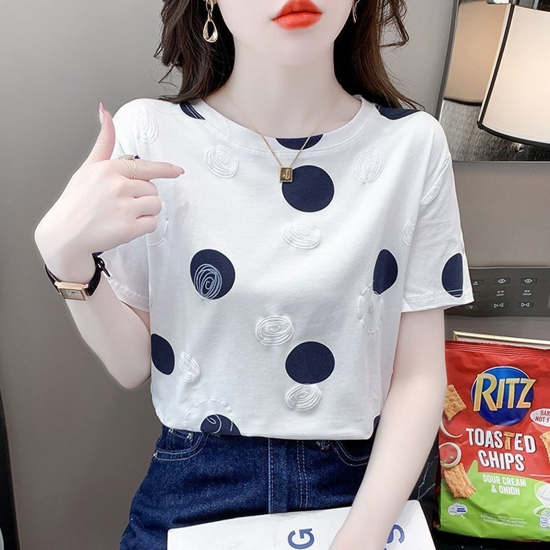 Ženski ljetni ležerni T-shirt, plus veličina, kratki rukavi, bijela s floralnim printom, Milk Silk materijal