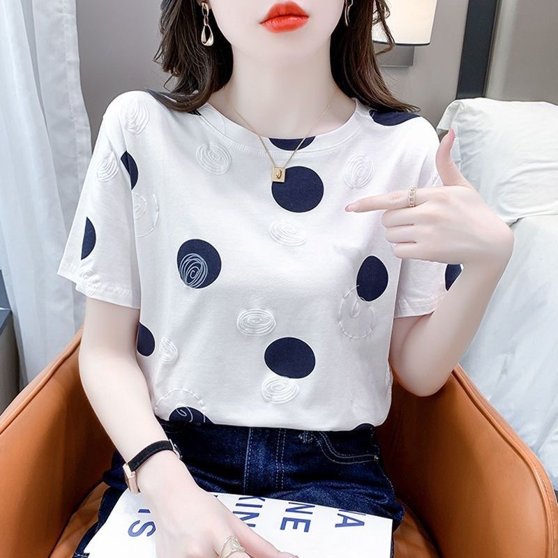 Ženski ljetni ležerni T-shirt, plus veličina, kratki rukavi, bijela s floralnim printom, Milk Silk materijal