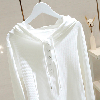 Дамска тениска с качулка и шнур за стягане, дълъг ръкав, полиестер 95%+, едноцветен модел, регулярен кройка, пролет 2025