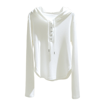 Дамска тениска с качулка и шнур за стягане, дълъг ръкав, полиестер 95%+, едноцветен модел, регулярен кройка, пролет 2025