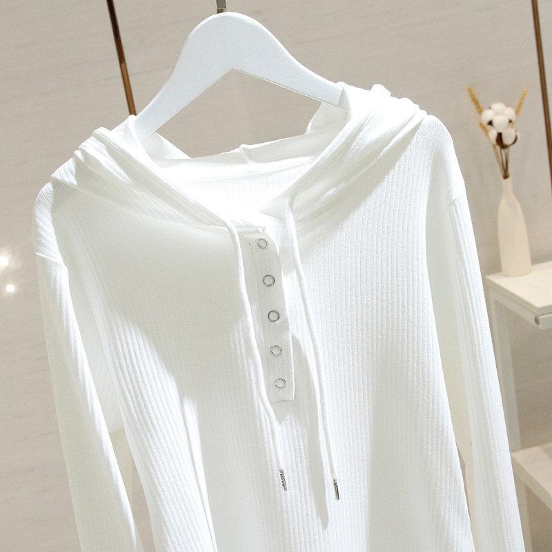 Дамска тениска с качулка и шнур за стягане, дълъг ръкав, полиестер 95%+, едноцветен модел, регулярен кройка, пролет 2025