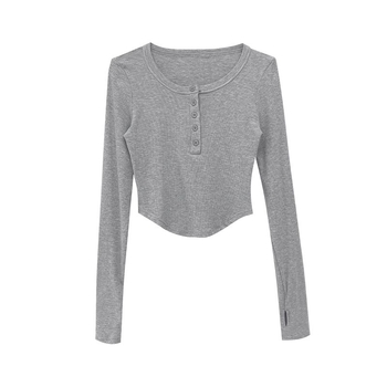 Дамска тениска с дълъг ръкав и поло яка, едноцветна, къс модел, дължина 40–50 см, полиестер