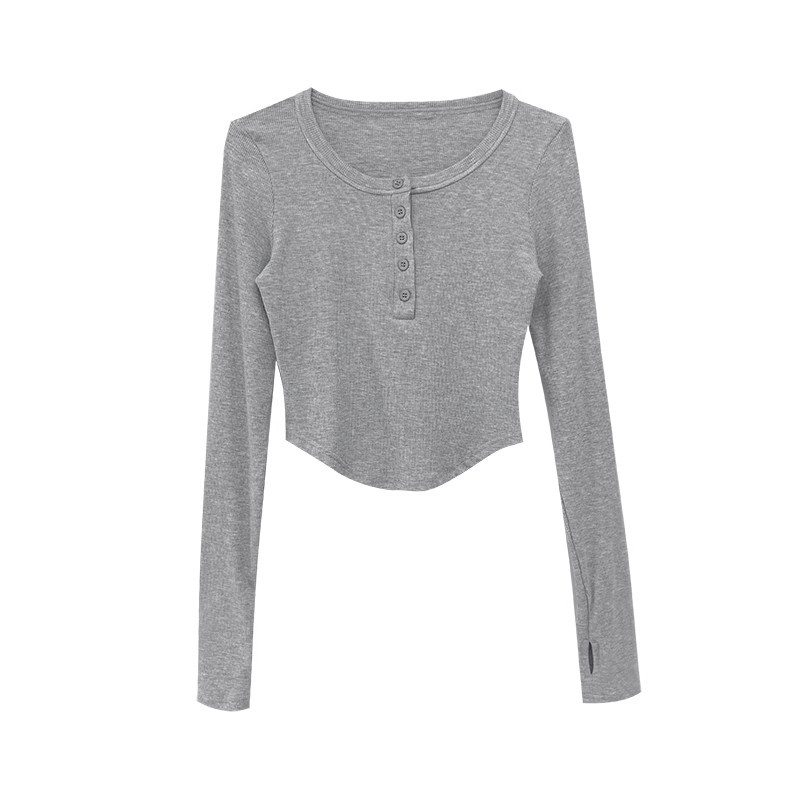 Дамска тениска с дълъг ръкав и поло яка, едноцветна, къс модел, дължина 40–50 см, полиестер