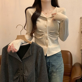 Дамска памучна тениска с поло яка, дълъг ръкав, slim fit, цветно-блокирана шарка