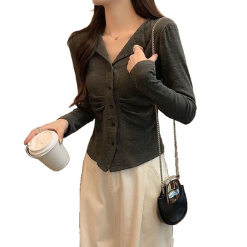 Дамска памучна тениска с поло яка, дълъг ръкав, slim fit, цветно-блокирана шарка