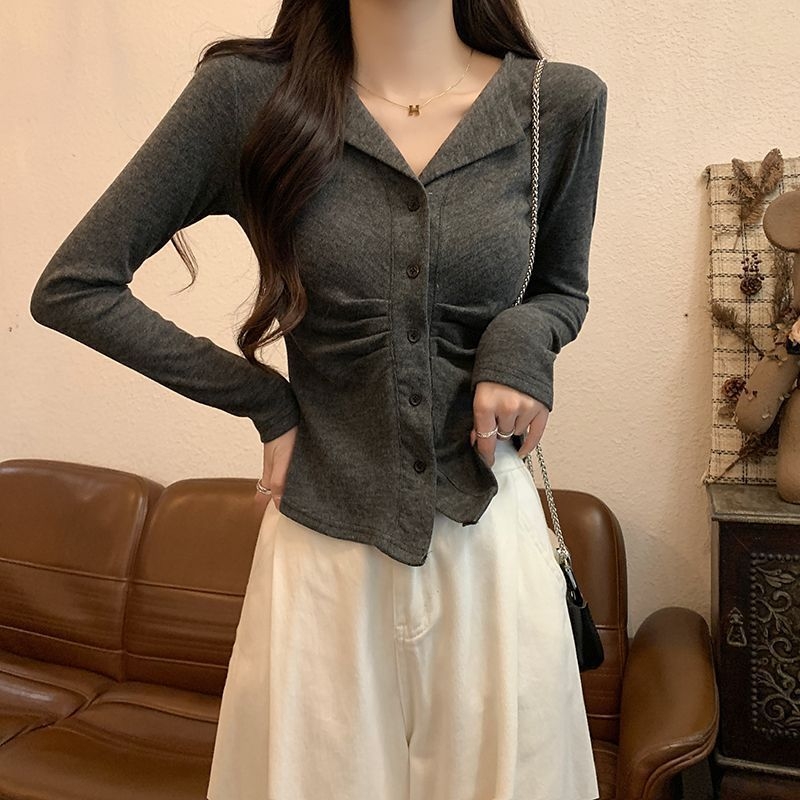 Дамска памучна тениска с поло яка, дълъг ръкав, slim fit, цветно-блокирана шарка