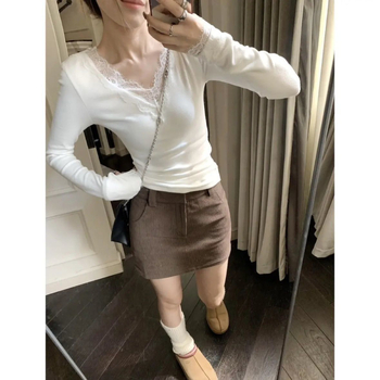 Top s výšivkou a čipkou, V-krk, dlhé rukávy, zmes viskozy a rayonu, bežná dĺžka, štýl zrelá dáma