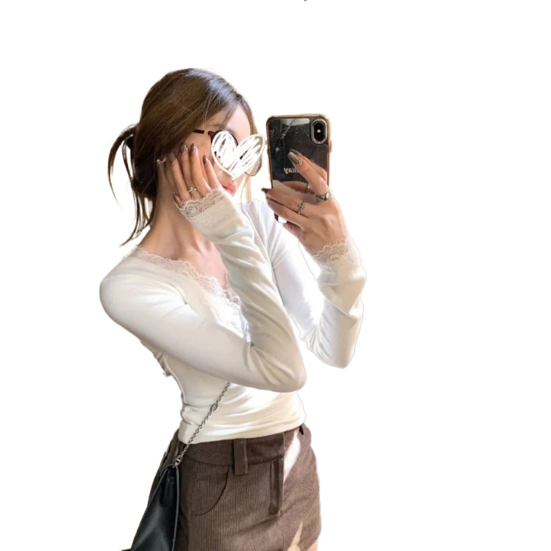 Top s výšivkou a čipkou, V-krk, dlhé rukávy, zmes viskozy a rayonu, bežná dĺžka, štýl zrelá dáma