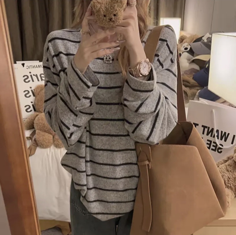 Korejskog stila prugasti fleece top s okruglim izrezom, dugi rukavi, poliester