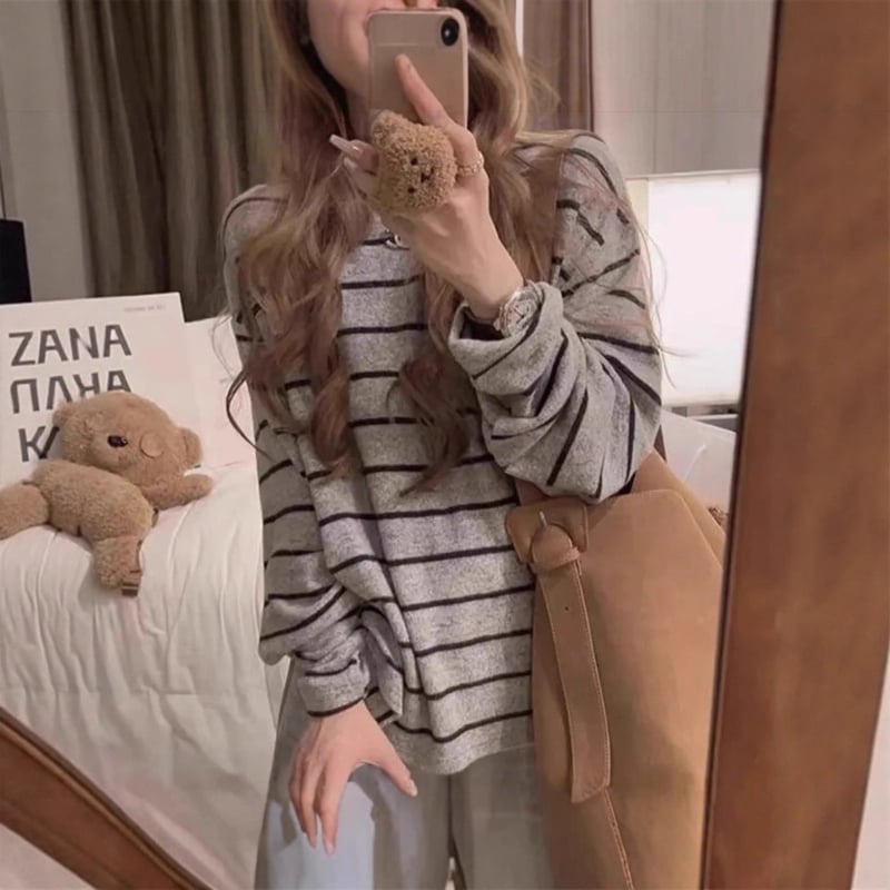 Korejskog stila prugasti fleece top s okruglim izrezom, dugi rukavi, poliester