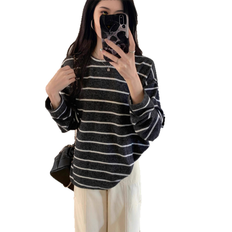 Korejskog stila prugasti fleece top s okruglim izrezom, dugi rukavi, poliester