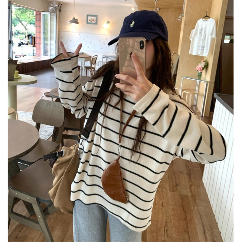 Korejskog stila prugasti fleece top s okruglim izrezom, dugi rukavi, poliester