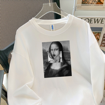 Памучна тениска с дълъг ръкав, 3D печат, кръгла яка, свободен силует