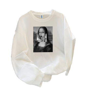 Памучна тениска с дълъг ръкав, 3D печат, кръгла яка, свободен силует