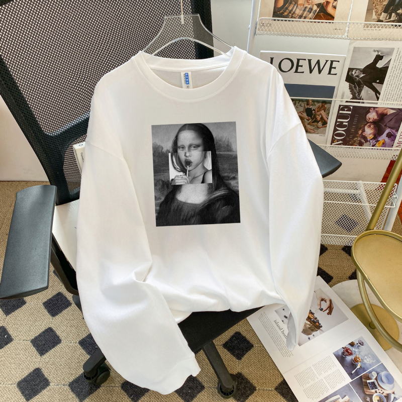 Памучна тениска с дълъг ръкав, 3D печат, кръгла яка, свободен силует