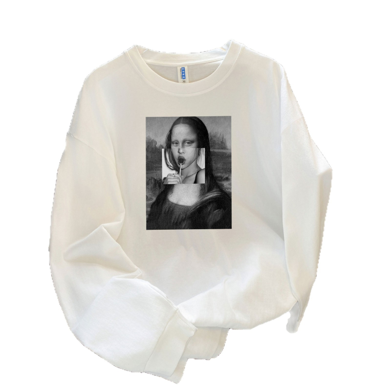 Памучна тениска с дълъг ръкав, 3D печат, кръгла яка, свободен силует