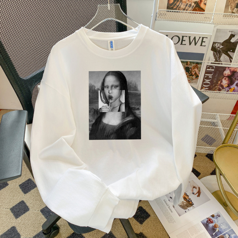 Памучна тениска с дълъг ръкав, 3D печат, кръгла яка, свободен силует