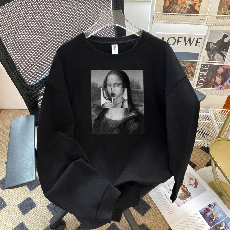 Памучна тениска с дълъг ръкав, 3D печат, кръгла яка, свободен силует