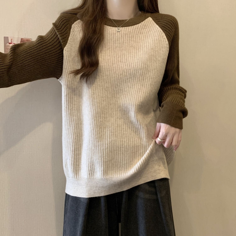 Tricou din poliester cu panouri patchwork, mâneci lungi, guler rotund, croială lejeră, lungime obișnuită – stil casual japonez-coreean.