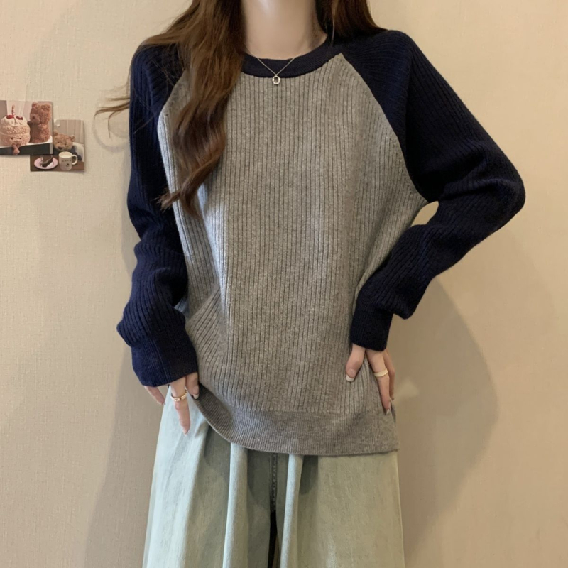 Tricou din poliester cu panouri patchwork, mâneci lungi, guler rotund, croială lejeră, lungime obișnuită – stil casual japonez-coreean.