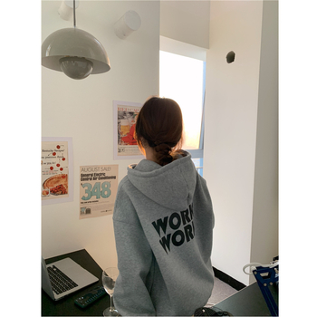 Hanorac damă cu glugă, căptușit cu fleece, imprimare cu litere, croială lejeră, poliester