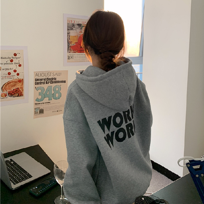 Hanorac damă cu glugă, căptușit cu fleece, imprimare cu litere, croială lejeră, poliester