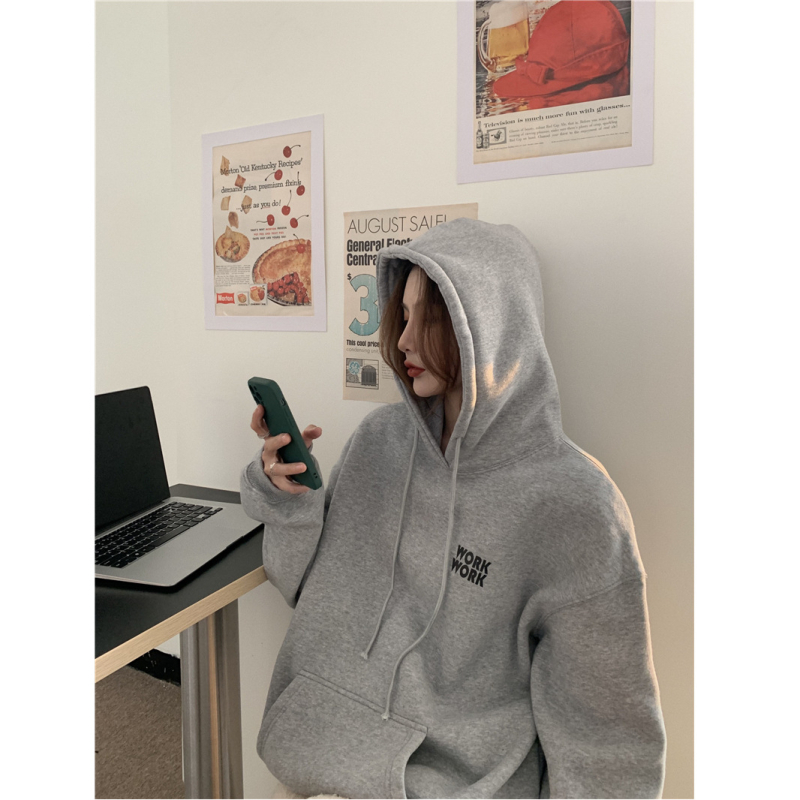 Hanorac damă cu glugă, căptușit cu fleece, imprimare cu litere, croială lejeră, poliester