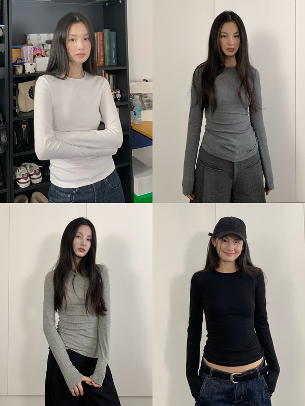 Naiste pikkade varrukatega T-särk ümmarguse kaelusega, puuvillast-elastaanist segu, ühetooniline, 3D lõige