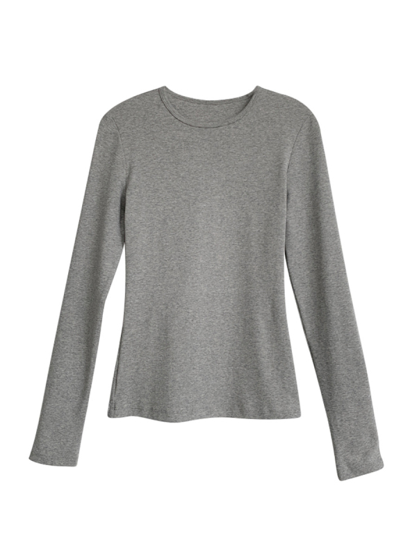 Naiste pikkade varrukatega T-särk ümmarguse kaelusega, puuvillast-elastaanist segu, ühetooniline, 3D lõige